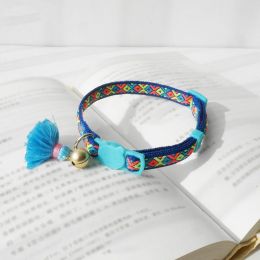 Anti-suffocation Safety Buckle Cat Collar Tassel Bell Adjustable Anchor Chain Rope (Option: 29 Diamond Fluorescent Blue-22cmor30cm)