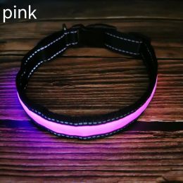 LED Luminous Dog Collar Highlight Reflective Leather Reflective Stripe Ribbon (Option: Pink-L)