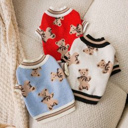 Dog Striped Knitted Sweater Cardigan Clothing (Option: Beige Full Printed Bear-S)