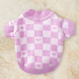 Dog Striped Knitted Sweater Cardigan Clothing (Option: Pink Checkerboard Grid-S)