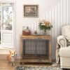 Furniture Style Dog Crate Side Table on Wheels with Double Doors and Lift Top.