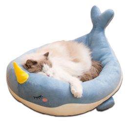 Cartoon Animals Shape Cute  Duck Cat Bed With Summer Mat Round Cat House Kennel Cushion Four Seasons Universal (Color: Blue Whale)