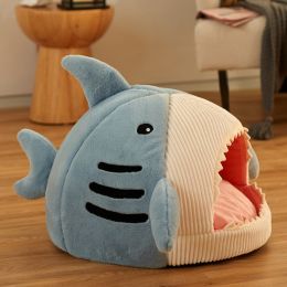 Washable Shark Cat House Cute Pet Sleeping Bed Warm Soft Cat Nest Kennel Kitten Cave (Color: Blue)