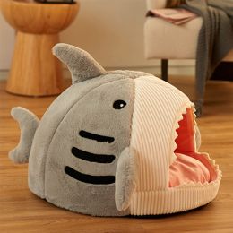 Washable Shark Cat House Cute Pet Sleeping Bed Warm Soft Cat Nest Kennel Kitten Cave (Color: Grey)