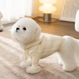 Dog Striped Knitted Sweater Cardigan Clothing (Option: Beige Hooded Fur Ball-L)